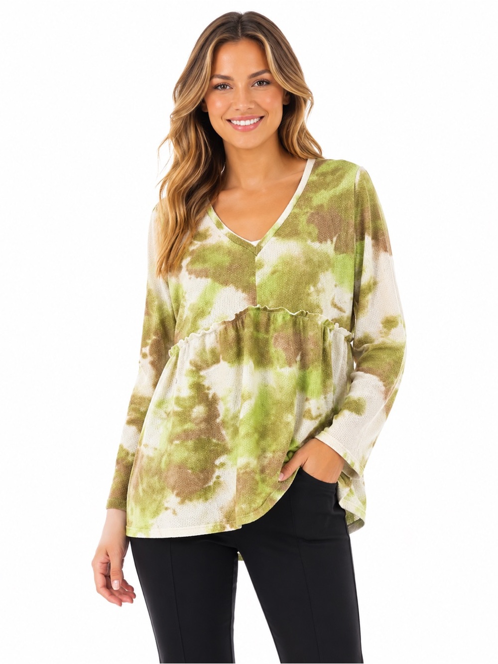 DAVI & DANI Olive Green and Cream Tie-Dye V-Neck Peplum Top